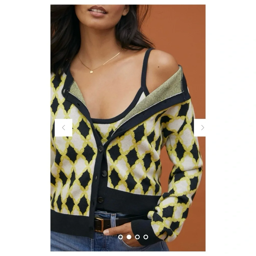 NWT Anthropologie Diamond Jacquard Sweater Set in Black/Yellow Diamonds  Size XS - Picture 2 of 12